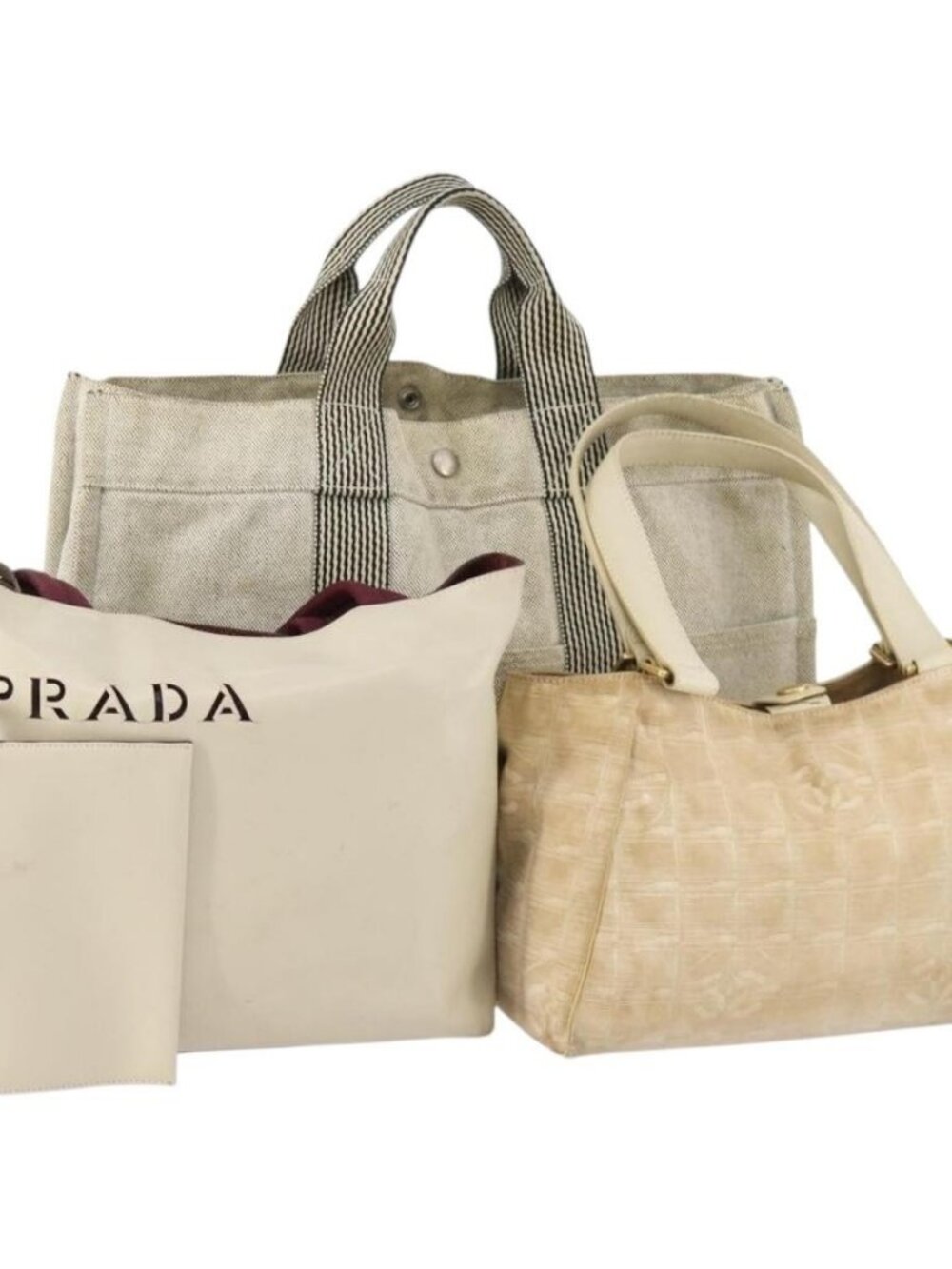HERMES PRADA Chanel Hand Bag Leather Canvas Nylon 3 Set Beige Auth 168823